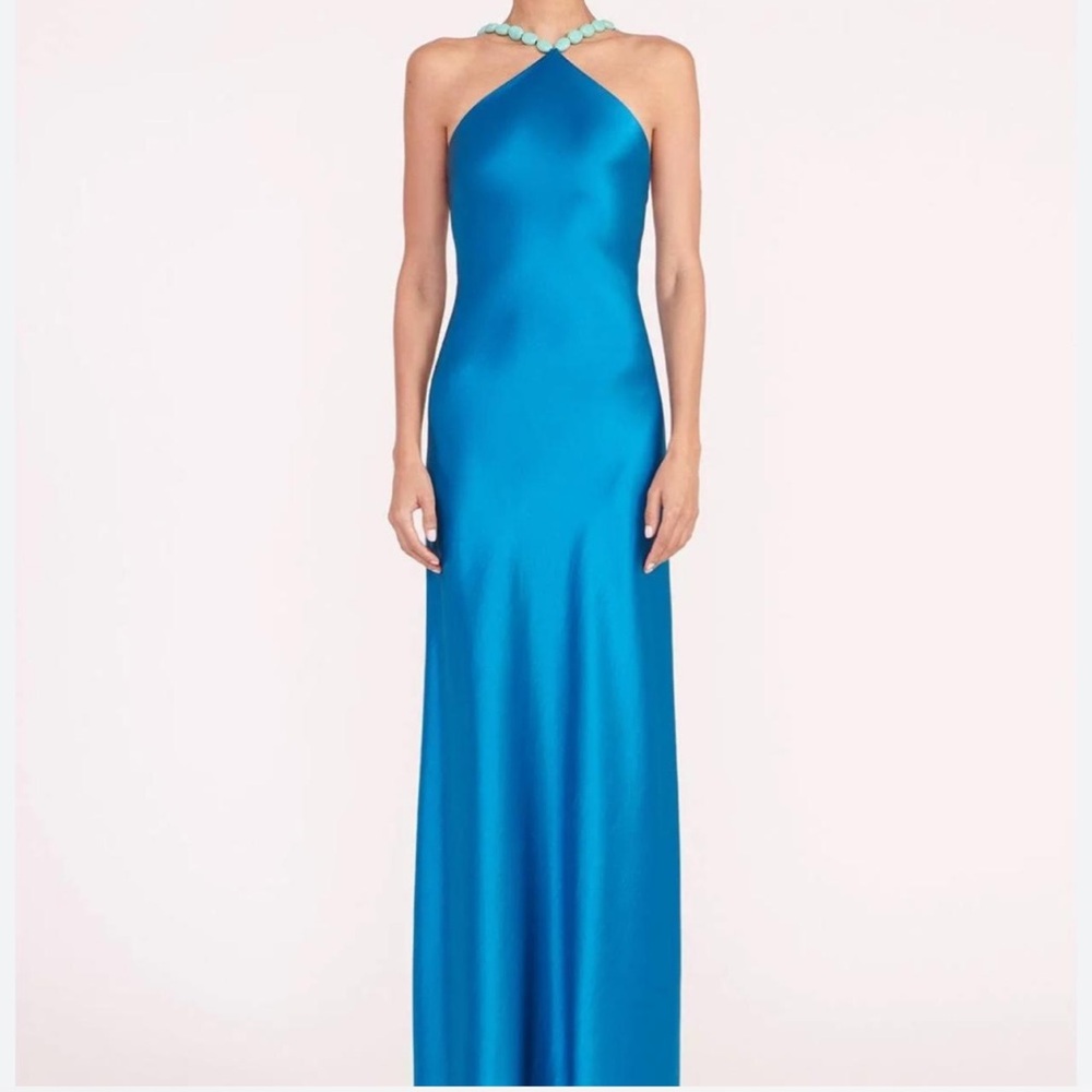 STAUD Turquoise Halter Satin Evening Gown
